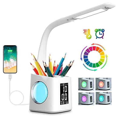 wanjiaone LED Desk Lamp with Clock,Color Changing Nightlight,Study Lamp with Pen Holder,Desk Light with USB Charger,Table Light for Home,Office,Bedroom,Gift for Kids,Students,Women,White