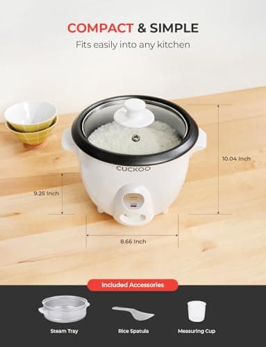 CUCKOO One Touch Rice Cooker 3-Cup (Uncooked) / 6-Cup (Cooked), Mini Rice Cooker & Warmer with Steamer Tray, Versatile Grain Cooker, Soup Maker, Auto Keep Warm, White (CR-0301C) 7