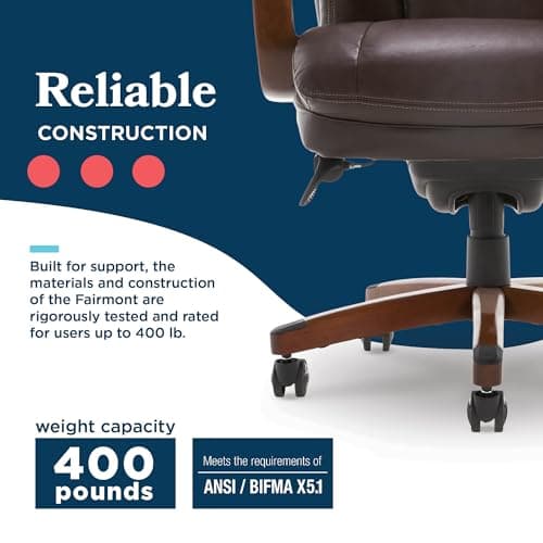 La-Z-Boy® Fairmont Big and Tall Executive Office Chair with Memory Foam Cushions, High-Back Swivel Desk Chair with Wood Arms and Base, Bonded Leather, Brown 11