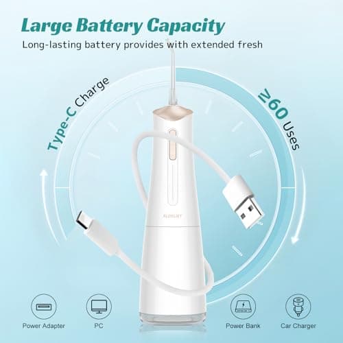 FlossJet Water Dental Flosser Cordless Oral Irrigator with 300ml 5 Tips 4 Modes USBCharger Portable Travle Irrigation Cleaner IPX7 Electric Irrigador Dental for Teeth Cleaning (White) 6