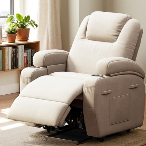 Power Lift Recliner Chair with Massage Ergonomic Recliner Chair for Elderly People, Single Sofa with Cup Holders, Side Pockets (Fabric, Beige) 9