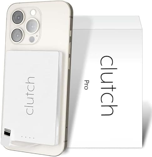 Clutch Pro – World's Thinnest iPhone Charger – Portable Power Bank 5000mAh – Magnetic Built-in Lightning Cable – TSA Approved Travel Charger – iPhone 14 & Earlier – White