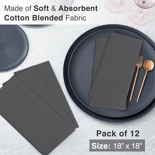 Ruvanti Cloth Napkins Set of 12, 18x18 Inches Napkins Cloth Washable, Soft, Durable, Absorbent, Cotton Blend. Table Dinner Napkins Cloth for Hotel, Lunch, Restaurant, Weddings, Parties - Dark Grey 5