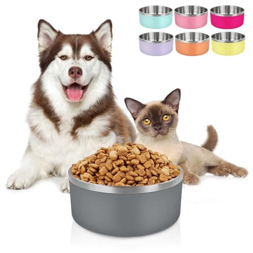 LIHONG Dog Bowls,Stainless Steel Dog Bowls for Large Dogs,Dog Food Water Bowls with Non Slip Rubber Bottom,Pet Feeding Bowl,Double Wall Insulated,Rustproof(64oz,Deep Grey)