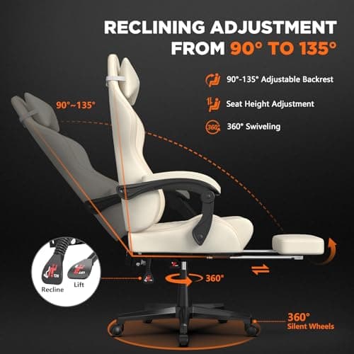 Ferghana Vintage PU Leather Gaming Chair - High Back Massage, Ergonomic Computer Office Chair with Footrest - Racing Style Reclining Beige Gaming Seat 8
