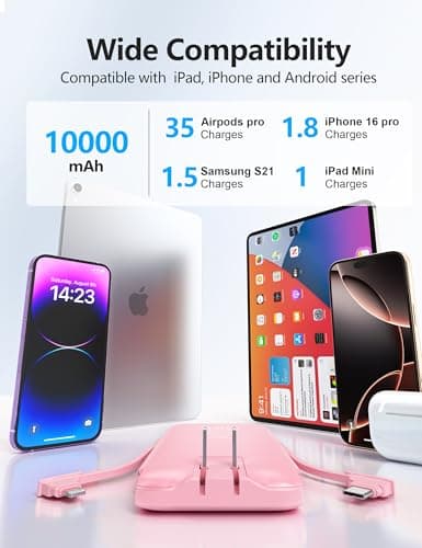 Metecsmart Portable Charger Power Bank with Built-in Cable & AC Plug, 10000mAh Fast USB-C Charger, Slim Mini Battery for iPhone 16/15/14/13/Pro/Max & All USB-C Devices 5