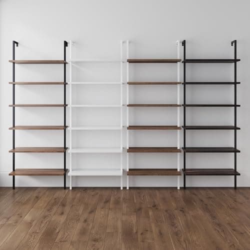 Nathan James Theo 6-Shelf Tall Modern Bookshelf, Wall Mount Ladder Shelf Bookcase with Wood and Industrial Metal Frame, Matte White 10