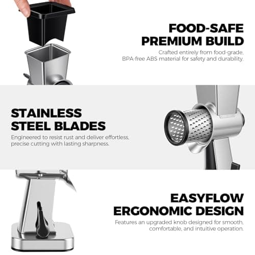 LHS Rotary Cheese Grater Stainless Steel Manual Cheese Shredder Grater Walnuts Grinder with 3 Interchangeable Drum Blades for Chocolate, Cheese and Nuts 5