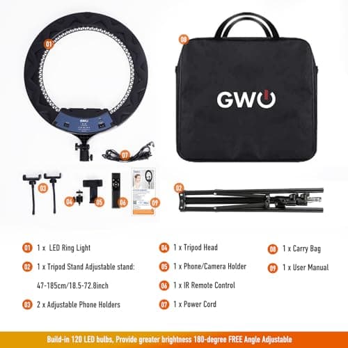 GWO 21 inch LED Ring Light with Tripod Stand 6000K Dimmable Makeup Selfie Light with Touch Panel Phone Holders for YouTube Vlog Video Shooting Include Carrying Bag and Remote Control CRI>90 5
