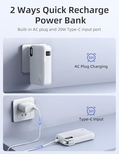 RORRY Portable Charger Built in Cables, AC Wall Plug In Portable Charger Power Bank 10000mAh Travel Battery Pack 22.5W Fast Charging for iPhone 17/16/15 Samsung Galaxy S24/S23/S22 Pixel LG iPad, White 7