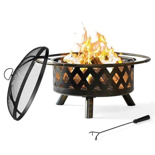 Aoxun Outdoor Fire Pit 30in Firepit with Spark Screen for Outside Wood Burning Outdoor Fireplace with High Thermal Efficiency, Poker for Bonfire Backyard Garden Patio