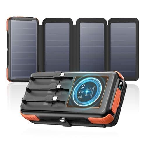 49800mAh Solar Charger Power Bank with Built-in 3 Cables & 4 Solar Panels, 20W Fast Charging Portable Phone Charger, USB C Outdoor External Battery Pack with LED Flashlights for Cellphones, Tablets