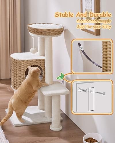 Yaheetech 36in PE Rattan Cat Tree with Big Perch, Breathable Woven Condo, Extra Long Sisal Scratching Post, Washable Cushion, Natural Cooling Design for Indoor Large Kittens, Beige 7