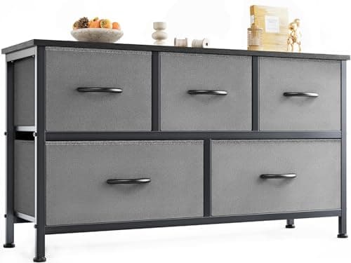 OLIXIS Dresser for Bedroom with 5 Drawers, Wide Chest of Drawers, Fabric Bedroom Dresser with Drawer Organizers, Storage Organizer Unit with Fabric Bins for Closet, Living Room, Hallway, Grey