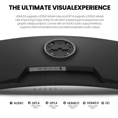 CRUA 34" Curved Gaming Monitor, WQHD 3440x1440, 144Hz/165Hz Computer Monitors, 1500R VA Screen, 120% sRGB, AMD FreeSync, HDMI 2.0 & DP 1.4, Wall Mountable Installs- Black 3