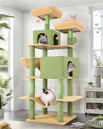 Globlazer Cactus Cat Tree Tower 76-Inch Extra Tall Multi-Level Cat Furniture with Cozy Condos,Interactive Toys and Perches for Large Cats, Perfect for Climbing, Scratching, and Play, F76, Green