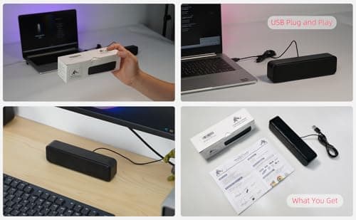Computer Speakers for Desktop PC, External Speakers for Laptop, Mini Computer Soundbar for PC, Wired USB Plug in Speakers with Loud Sound, Deep Bass, Wide Compatibility – Bult-in USB C to USB Adapter 5