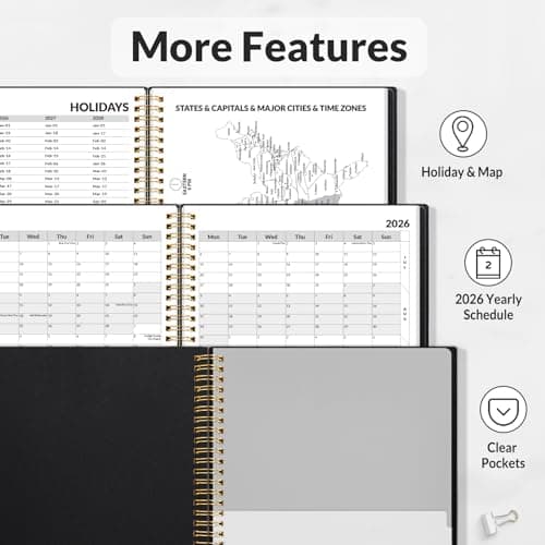 SUNEE 2026 Weekly and Monthly Planner - from January 2026 - December 2026, Daily Agenda Planner with Monthly Tab, Flexible Cover, Note Pages, Pockets, Bookmark, Spiral Binding, Black, 6.4" x 8.3" 6