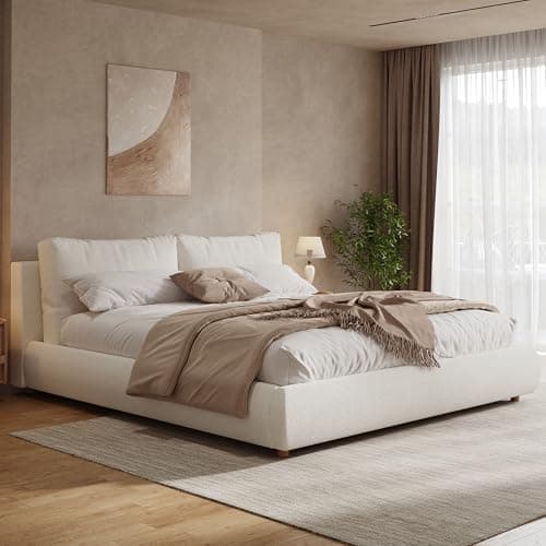 Merax King Size Boucle Fabric Upholstered Platform Bed with Two Removable Pillow Headboard, Wood Bed Frame with Solid Round Legs for Kids Teens Adults, White