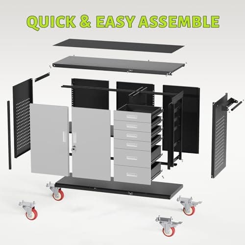 Rumetol 55"W Heavy Duty Rolling Workbench with Drawers and Storage,1000 LBS Capacity Work Bench with Lockable Cabinet & Adjustable Shelf,Garage Workbench with Pegboard & Wheels for Garage/Repair Shop 7