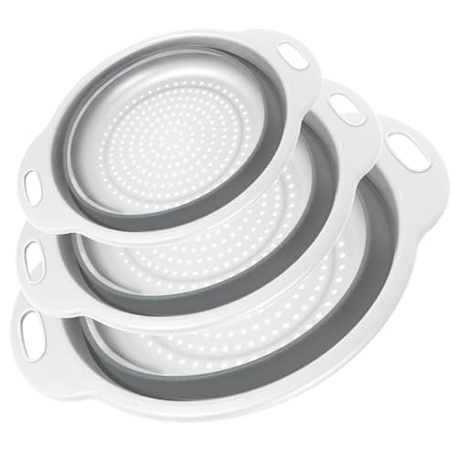 Cluren Collapsible Colander 3-Pack Set Space-Saving Foldable Kitchen Strainer with Non-Slip Base Durable Thickened PP+TPE Collapsible Strainers for Pasta, Vegetables, Fruits (Gray-White)