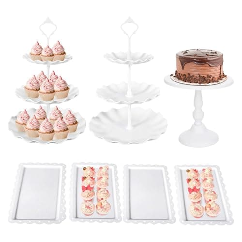 Mwellewm 7 Pcs Dessert Table Stand Set 2 Pcs 3-Tier Plastic Cupcake Stands 1 Pc Metal White Cake Stand for Party Cookie Tray Rack Serving Tray Display Tower for Wedding Baby Shower