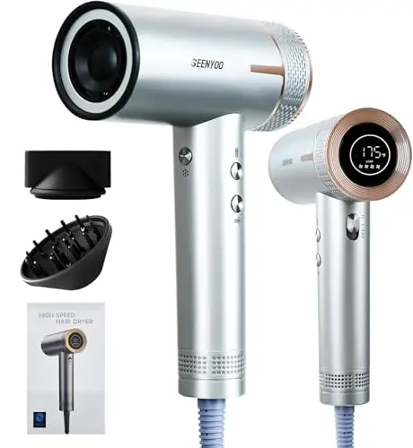 Hair Dryer, Quick Fast Drying 160000 RPM High Speed Ionic Blow Dryer, 2 Speeds & 4 Temps Hair Dryers with HD Display, Low Noise Hair Dryer with Magnetic Nozzle & Diffuser for Home Travel Salon