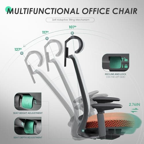 COLAMY Ergonomic Office Chair, Mesh Desk Chair with High Back, Lumbar Support, Adjustable Headrest and 4D Arms, Slide Seat, Tilt Lock-Coral 8