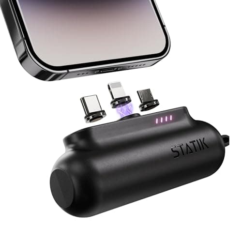 Statik Snap-N-Charge Mini Portable Charger Power Bank, Portable Battery Charger Compact Powerbank 3,200mAh 10W Battery Pack (Black, Universal)