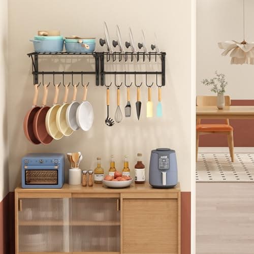 Hongtamoy 2 Packs Wall Mounted Pot Lid Rack Organizer, Hanging Pot and Pan Lid Organizer for Kitchen with 10 Upgrade Hooks, Pot Lid Holder for Cookware,Pans,Utensils Organization, Black 5