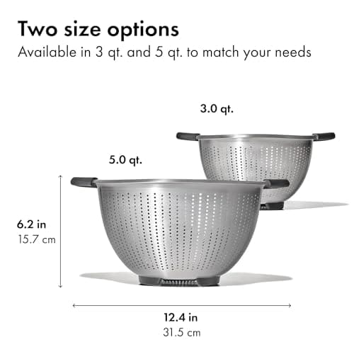 OXO Good Grips Stainless Steel Colander, 5 qt. Capacity, Strainer with Non-Slip Handles, Kitchen Colander for Pasta and Vegetables, Nesting Stainless Steel Strainer and Sieve 6
