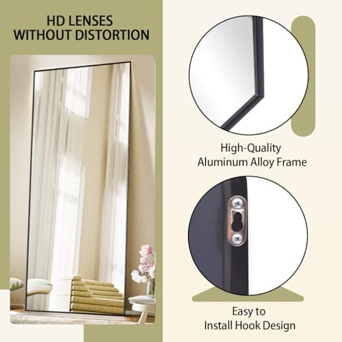 BEAUTYPEAK Full Length Mirror with Stand, 56"x21" Floor Mirror with Aluminum Alloy Thin Frame, ShatterVue Tempered Full Body Mirrors, Free Standing or Wall-Mounted Mirrors for Living Room, Black 5