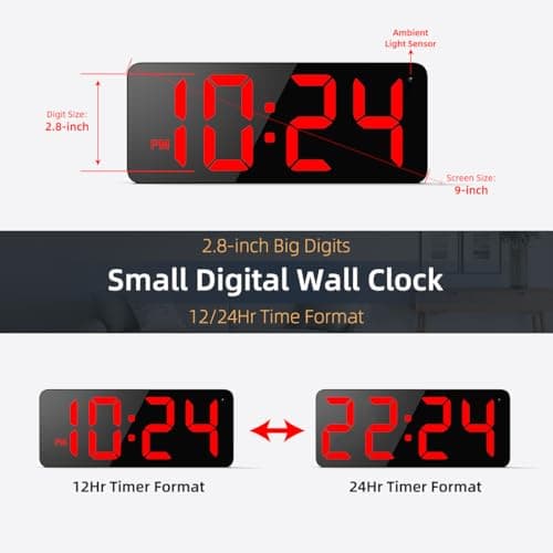 LED Digital Wall Clock with Large Display, Big Digits, Auto-Brightness, 12/24Hr Format, Modern Electric Small Silent Wall Clock for Living Room, Bedroom, Classroom, Farmhouse, Kitchen, Office - Red 2