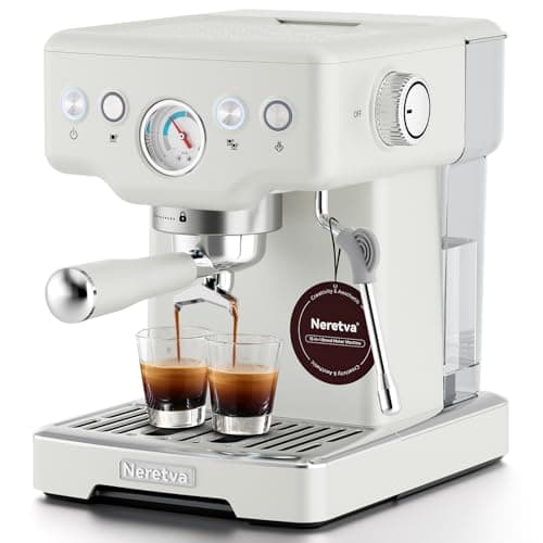 Neretva Espresso Machine, 15 Bar Espresso Coffee Machine with Visible Pressure Guage Professional Espresso Maker with Milk Frother & Stainless Steel for Home Barista Latte and Cappuccino Maker - White