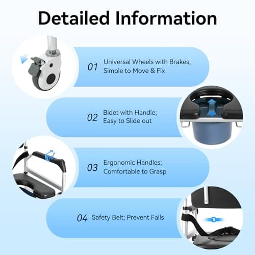 Shower Chair with Wheels, Rolling Commode Chair for Toilet with Arms, Adjustable Height Folding Bath Commodes for Inside Shower, Bedside Wheelchair Bathroom Chairs for Elderly Disabled Injured 6