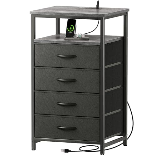 Huuger Night Stand with Charging Station, 4 Drawer Dresser for Bedroom, Bedside Table, 33.9 Inch Tall Nightstand with Open Shelf, End Table, for Closet, Entryway, Bedroooom, Gray