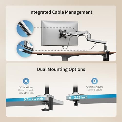 Ergounion Single Monitor Arm Desk Mount, Holds Screens up to 40 Inches and 25 lbs, Fully Adjustable Vesa Monitor Mount with C-Clamp and Grommet Base, Aluminum, Silver 6