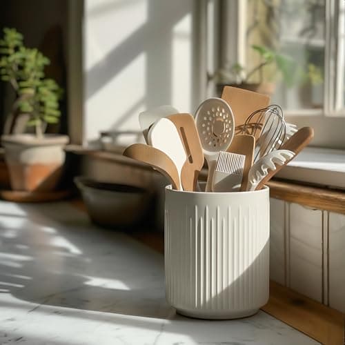 JIEMEI HOME Utensil Holder, 7.2" Large Ceramic Stable Utensil Crock for Kitchen Counter, Utensil Holder with Cork Mat, Removable Bamboo Divider for Easy, Kitchen Decor, White 8