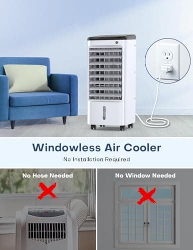 CENSTECH Evaporative Air Cooler, Swamp Cooler Air Conditioner w/ 12H Timer for Auto-off, 6 Upgraded Ice Packs, 3-Speed Windowless Air Conditioner, Smart Remote, Dual Tank Portable Air Cooler for Room 5