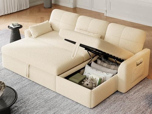YITAHOME 86" Sleeper Sofa, 2 in 1 Convetible Sofa Bed with Pull Out Couch Bed and Storage Chaise,L-Shape Sectional Sofa for Living Room, Teddy Fleece, Beige
