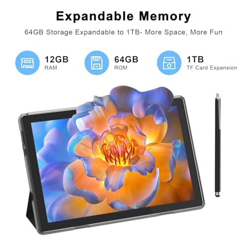 HOTTABLET Tablet 10-inch Android 15, RAM 12GB(4+8Expand) +ROM 64GB, 2+8MP Dual Camera, 6000mAh Battery (Tablet+case+Stylus)(Black) 3
