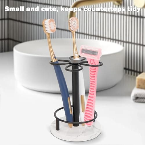 HarJue Toothbrush Holder Stand for Bathroom, Metal Toothbrush Organizer with Marble Base, Toothbrush Storage Collection for Family, Suitable for Home Hotel Countertop Vanity (Small, Matte Black) 5