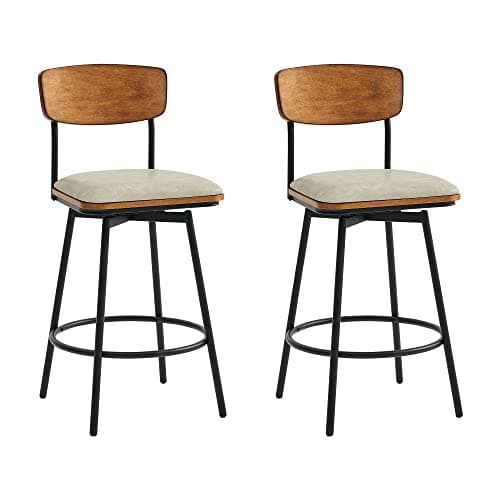 CHITA Swivel Counter Height Bar Stools with Back, Faux Leather Upholstered Barstools Set of 2, 27" Seat Height, Metal & Wood Frame, Sand Grey