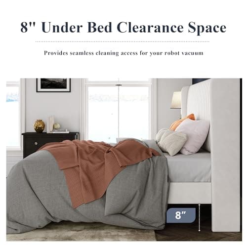 Allewie Queen Size Velvet Bed Frame/Vertical Channel Tufted Wingback Headboard/Upholstered Platform Bed/Strong Wooden Slats/No Box Spring Needed/Easy Assembly/White 8