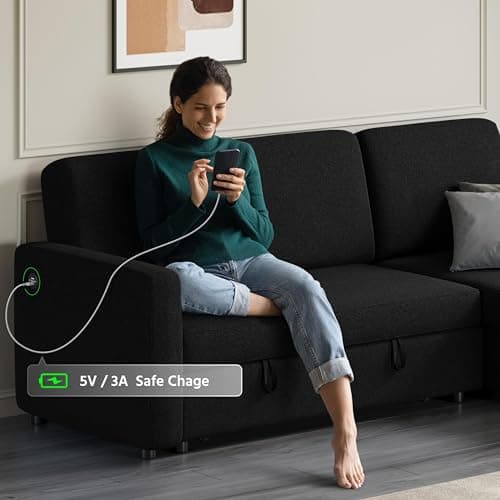 Yaheetech Sectional Sofa L-Shaped Sofa Couch Bed w/Chaise & USB, Reversible Couch Sleeper w/Pull Out Bed & Storage Space Living Room Black 5