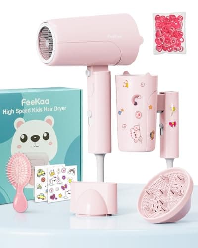 FeeKaa Foldable High Speed Kids Hair Dryer 100 Million Negative Ions, Mini Ionic Travel Kids Blow Dryer with Diffuser Concentrator Detangler Brush Hair Ties Cute Stickers, Compact, Lightweight, Quiet