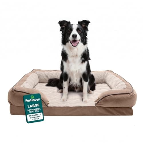 Furhaven Orthopedic Dog Bed for Large/Medium Dogs w/ Removable Bolsters & Washable Cover, For Dogs Up to 55 lbs - Plush & Velvet Waves Perfect Comfort Sofa - Brownstone, Large