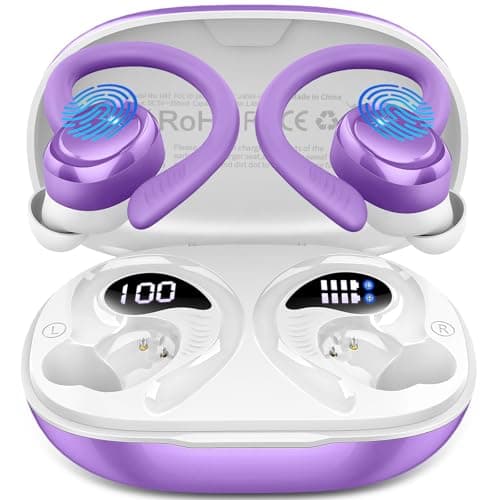Hupoaf Wireless Earbuds Sport, New Bluetooth 5.4 Headphones with Earhooks, 50H Stereo Deep Bass Over Ear Buds with 4 ENC Noise Canceling Mics, IP7 Waterproof Earphones for Running Workout Gym -Purple