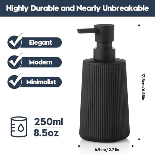 Small Soap Dispenser for Bathroom and Kitchen, Modern Farmhouse Striped Style Plastic Hand Soap Dish Soap Dispenser with Pump Matte Black 6