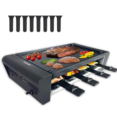 TAMARIT Raclette Table Grill for 8, 2 in 1 Small Swiss Style PFAS-No Nonstick Reversible Grill/Griddle Plate Adjustable Temperature Control 1300 W, 8 Raclette Cheese Pans Black 7